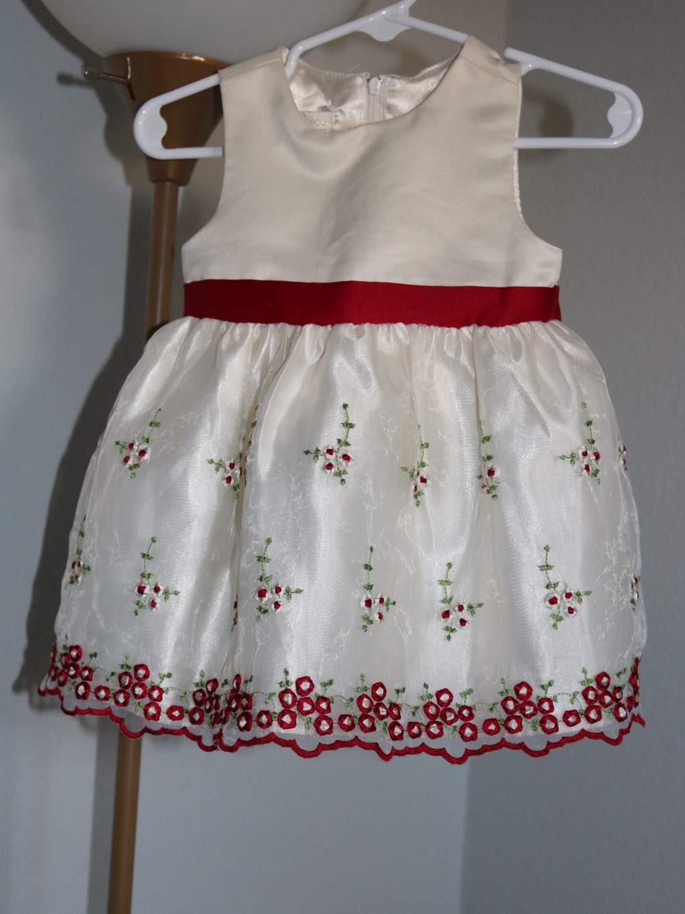 American Princess 12M Christmas Holiday Embroidered Dress Red Ivory Satin Floral